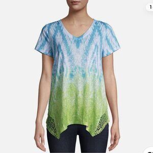 NWT Time And Tru Blue & Green Short Sleeve Sharkbite hem Tee, Size L (12-14)